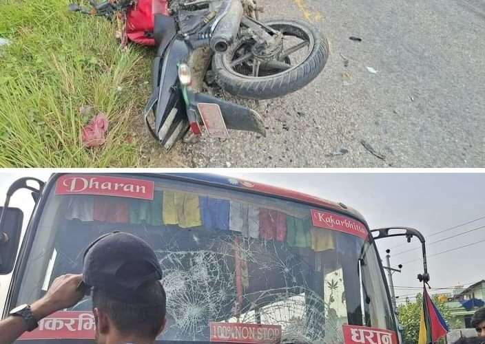 बसको ठक्करबाट मोटरसाइकल चालकको  मृत्यु, आक्रोशित भीडद्वारा बसमा तोडफोड तथा आग्जनी